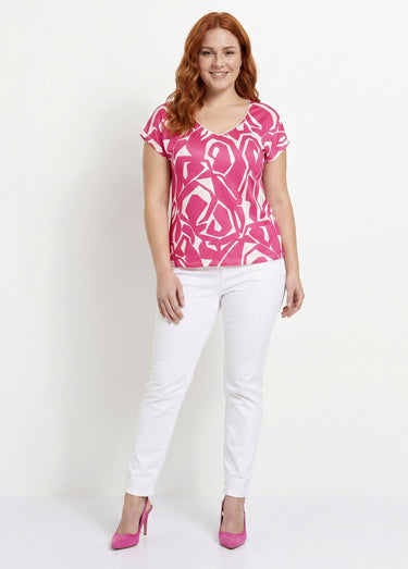 T-shirt droit court col V imprimé graphique Fuchsia/Blanc