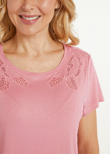 T-shirt coton brodé ajouré col rond Rose