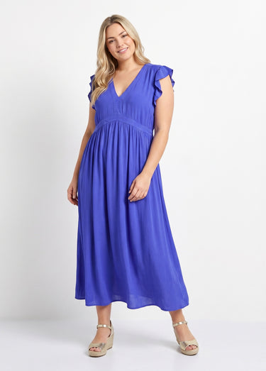 Robe longue, épaules volantées Bleu