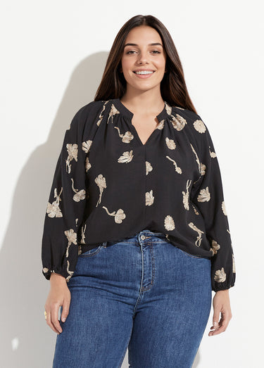 Blouse col V plissé broderies métallisées Noir
