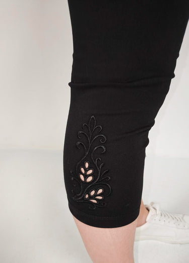 Legging court ceinture élastiqué bas brodés Noir