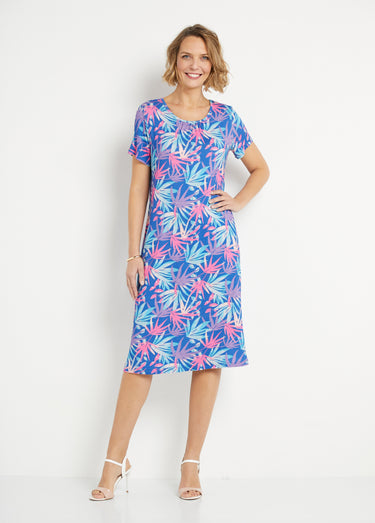 Robe courte droite évasée imprimé feuillage Bleu/Rose
