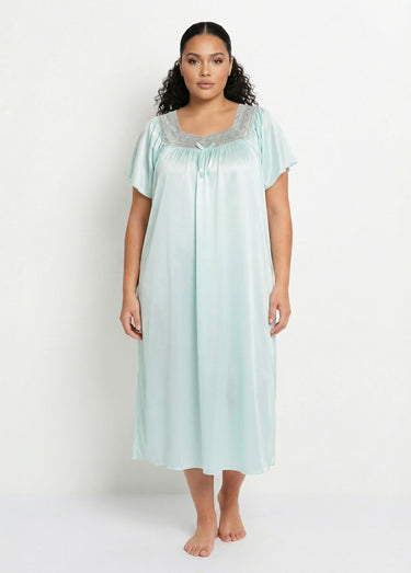 Chemise de nuit satinée longue antistatique dentelle Menthe