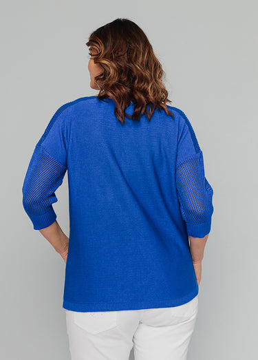 Pull en maille ajourée, manches 3/4 Bleu