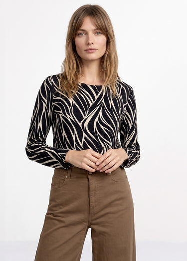 T-shirt zébré décolleté dos manches 3/4 Beige/Noir
