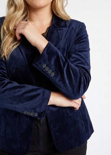 Veste blazer droite velours uni col tailleur Marine