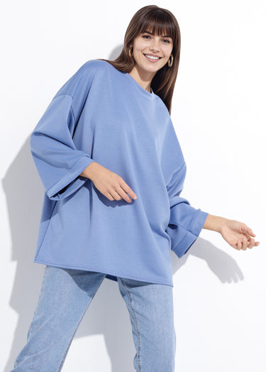 Sweat shirt large col rond, manches 3/4 Bleu Jean