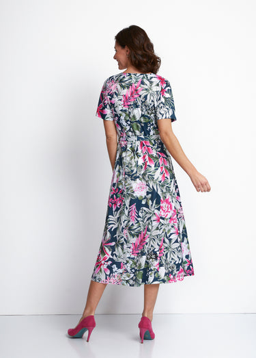 Robe boutonnée mi longue imprimée Marine/Fuchsia