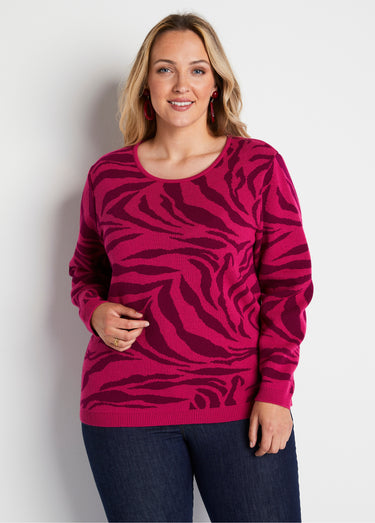 Pull doux jacquard zèbre col rond Fuchsia/Cassis