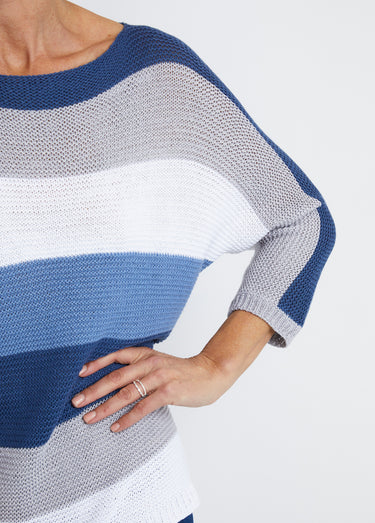Pull rayé manches 3/4 point mousse Bleu / Gris