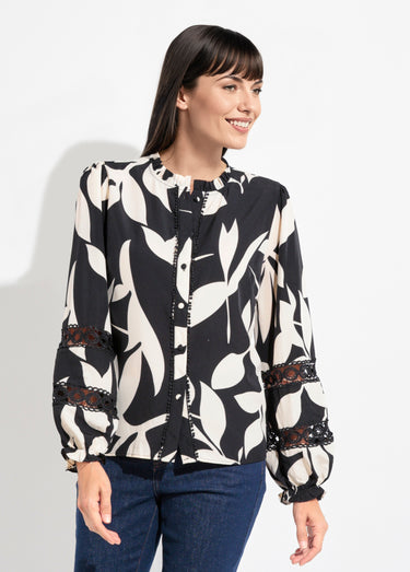 Blouse motif graphique détails dentelle Noir / Blanc