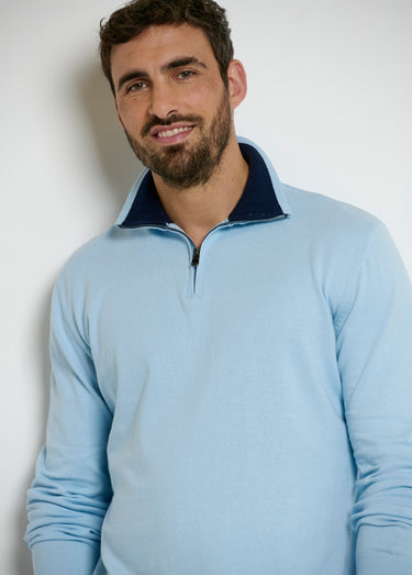 Pull col camionneur zippé contrastant Bleu Ciel