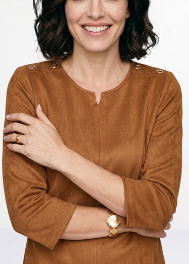 Robe ample courte en tissu suédé uni Camel