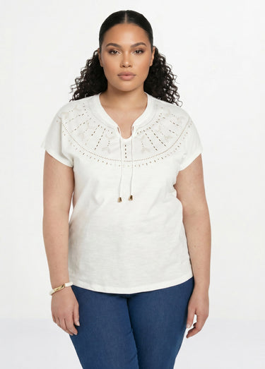 T-shirt court uni clouté maille flammée Blanc Casse