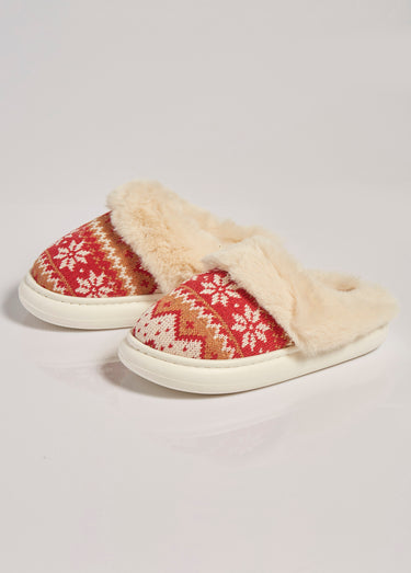 Chaussons fourrure et jacquard thème Noël Rouge