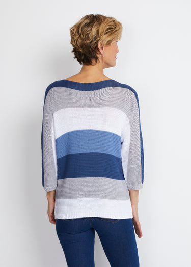 Pull rayé manches 3/4 point mousse Bleu / Gris