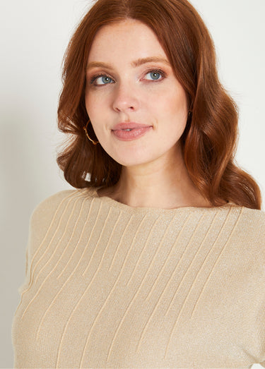 Pull mi-long uni brillant manches 3/4 col bateau Beige Irise