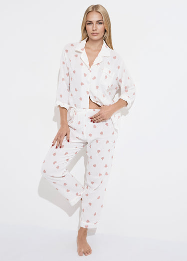 Pyjama long en gaze de coton motif cœurs Blanc