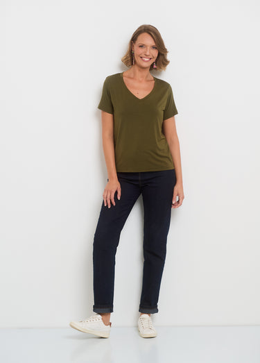 T-shirt fluide col V manches courtes Kaki