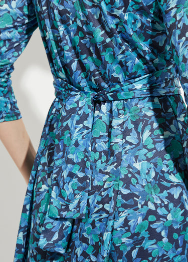 Robe courte cache-coeur maille fleurie Bleu/Vert