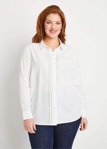 Chemisier uni boutonné long strass col chemise Naturel