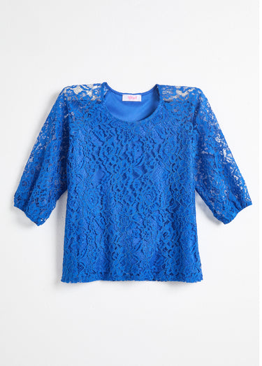 T-shirt dentelle col rond manches 3/4 raglan Bleu Dur