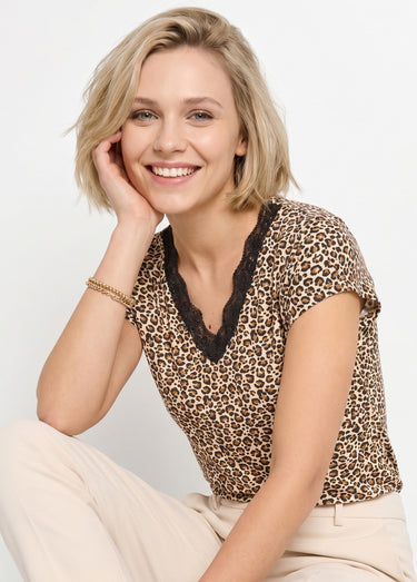 T-shirt court extensible dentelle Fond Camel