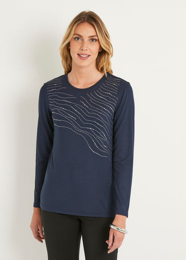 T-shirt uni droit court avec strass col rond Marine