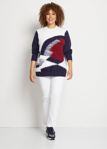 Pull maille poilue manches longues Marine/Rouge