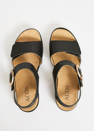 Sandales compensées cuir effet tressé ouverture totale Noir