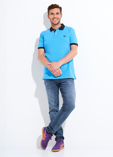 Polo homme col et manches contrastés Bleu