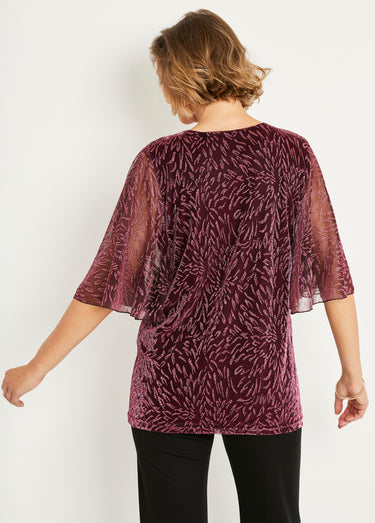 T-shirt top long maille résille imprimée col rond Rose