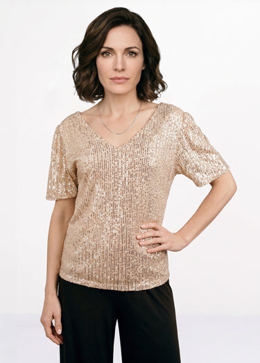T-shirt sequins, col V devant et dos Beige Dore