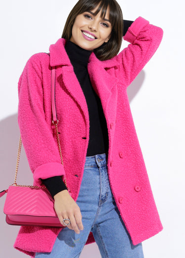 Caban long uni façon laine bouclée Fuschia