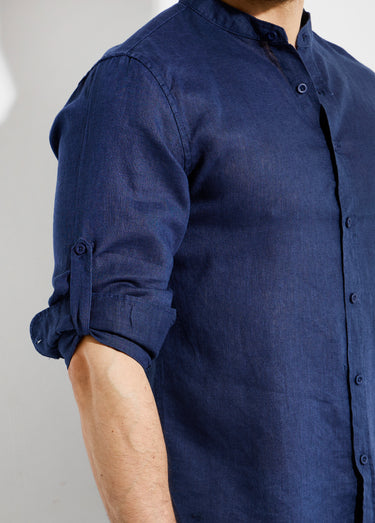 Chemise lin col mao, manches longues Bleu