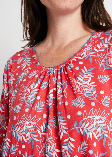 Chemise de nuit longue manches 3/4 coton imprimé Fond Rouge