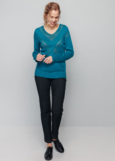 Pull bijou maille filet strass col V Vert lagon