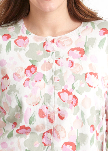 Gilet cardigan doux col rond boutonné Vert/Coquelicot