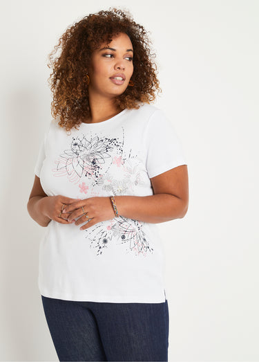 T-shirt long motif fleuri fentes côtés Blanc