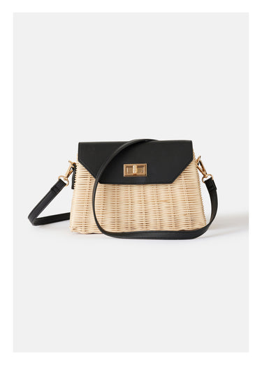 Sac besace bicolore rotin tressé Naturel / Noir
