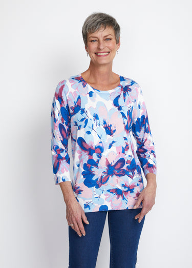 Pull manches 3/4 imprimé floral Bleu/Rose