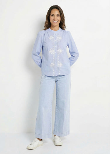 Chemisier rayé col rond et broderies Bleu