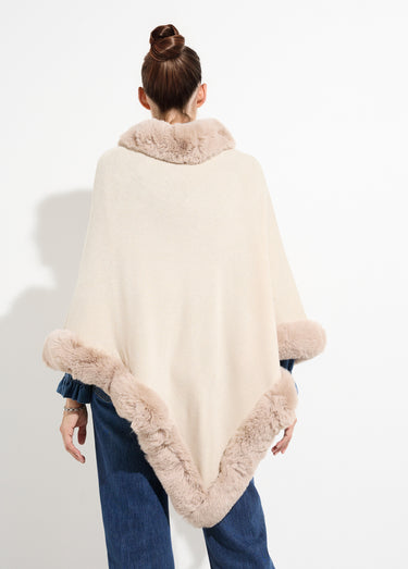 Poncho cape, bord fourrure ton sur ton Ecru