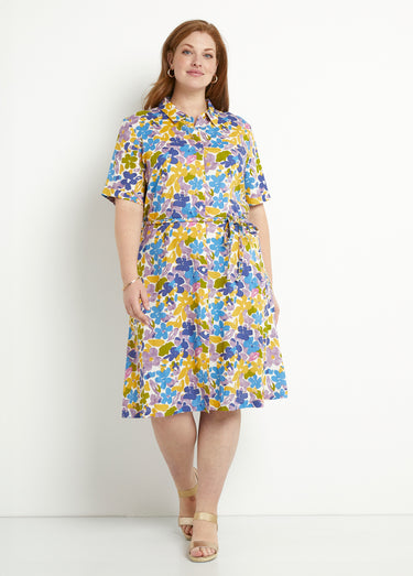 Robe-chemiser droite courte motif fleuri Multicolore