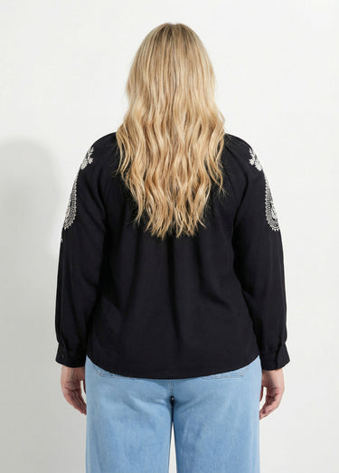 Blouse avec broderies et petit col V Noir/Ecru