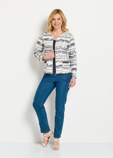 Veste courte sans col zippée irisée Ecru/Marine