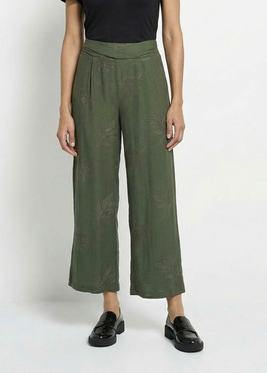 Pantalon large élastiqué brodé feuillage Kaki