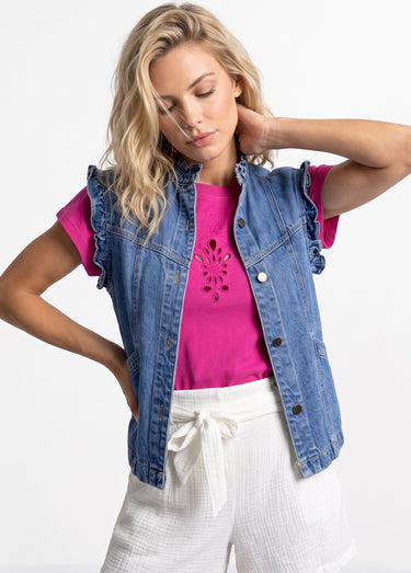 Veste en jean volantée sans manches Bleu Stone