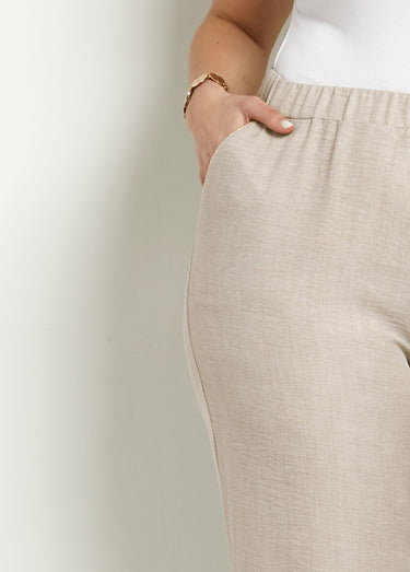 Pantalon large taille élastiquée aspect lin Beige