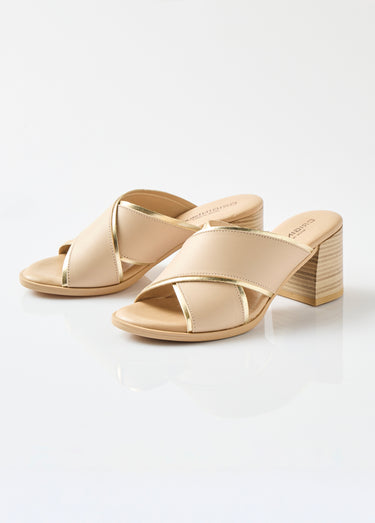 Mules brides croisées talon effet bois Beige